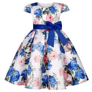 2-8Y First Communion Dress Flower Girl Dress Elegant Short Sleeve Satin A-Line Bridesmaid Princess Dress for Wedding Party Blue